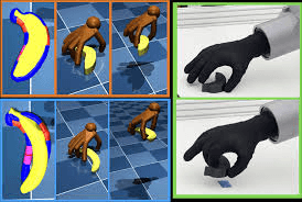 DexKit hand grasping a banana, compared against optimal contact-region planning in simulation