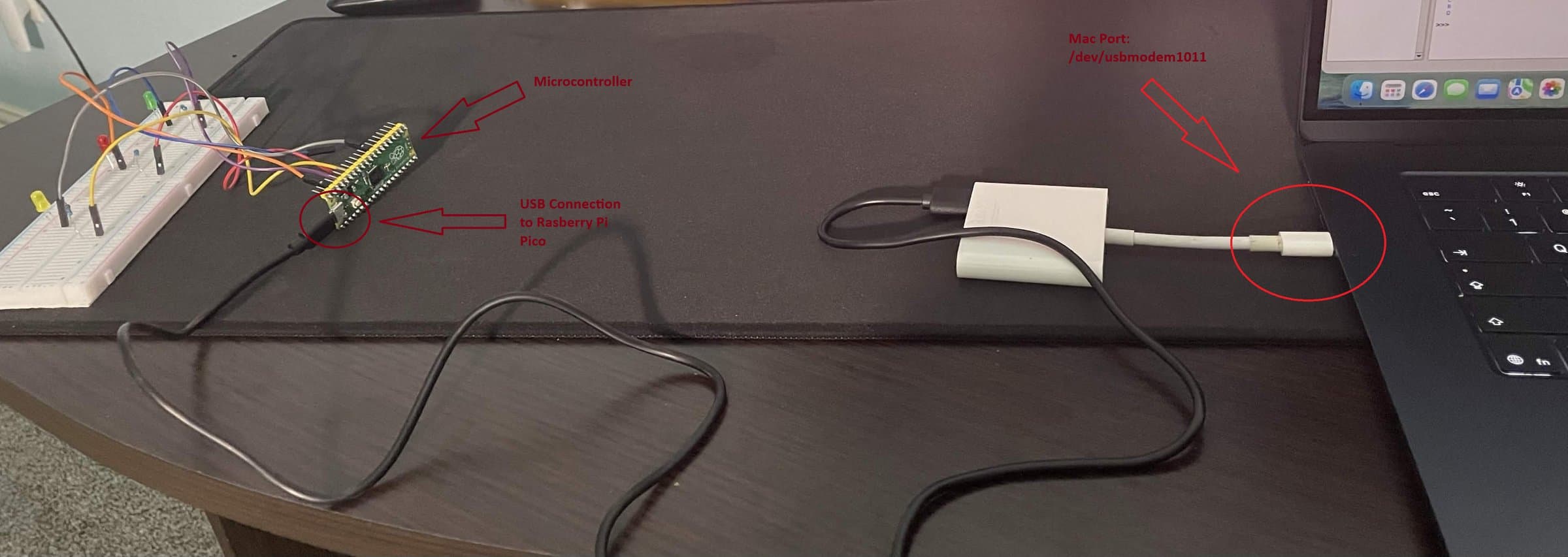 The Raspberry Pi Pico on a breadboard with LEDs, connected by a USB cable and a USB-C adapter to the port on a MacBook